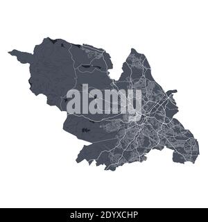 Sheffield-Karte. Detaillierte Vektorkarte von Sheffield Stadt Verwaltungsgebiet. Stadtbild Poster Metropolregion Arie Ansicht. Dunkles Land mit weißen Straßen, Straßen Stock Vektor