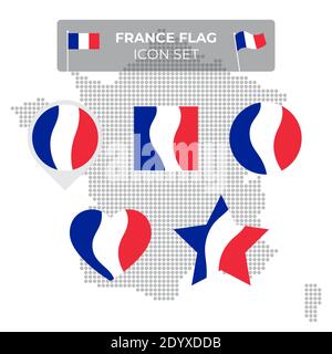 Frankreich Flaggen-Symbole in Form von Quadrat, Herz, Kreis, Sterne und Zeiger, Kartenmarkierung gesetzt. Mosaikkarte von frankreich. Winken im Wind. Französisch tricolor. Stock Vektor