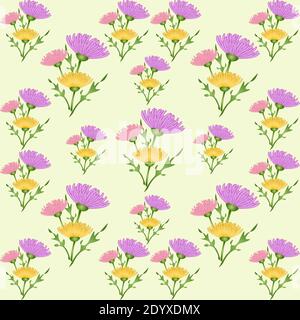 Blüten in verschiedenen Farben auf einem sanften gelben Hintergrund. Füllung mit einem Blumenmuster. Stock Vektor