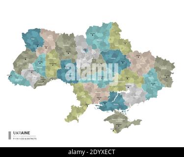 Ukraine Higt Detailkarte mit Unterteilungen. Verwaltungskarte der Ukraine mit Bezirken und Städten Namen, farbig nach Staaten und administrative distrip Stock Vektor