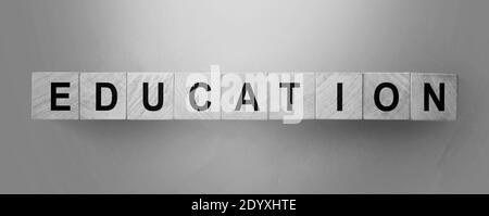 Bildung Wort in Holzwürfel in blauem Hintergrund geschrieben. Fähigkeiten und Lernkonzept. Stockfoto