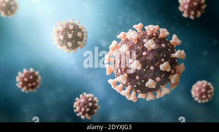 3D-Darstellung von Coronavirus- oder sars-Cov-2- oder covid-19-Viruszellen. Medizin und Gesundheitswesen, Medizin, Mikrobiologie, Virologie, Wissenschaftskonzept Stockfoto