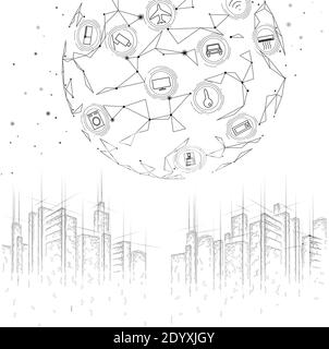 Internet der Dinge Low Poly smart City 3D Drahtgitter. Intelligente Gebäudeautomation IOT-Konzept. Moderne wireless online control Symbol urban cityscape Stock Vektor