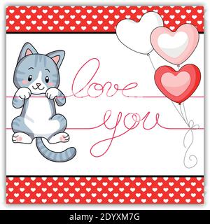 Cute tabby grau Kätzchen hängen auf einem Liebe Nachricht Thread Mit Herzballons Stock Vektor