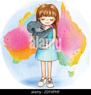 Aquarell Mädchen mit Koala auf australischen Regenbogenkarte Stock Vektor