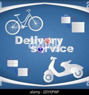 Banner mit Fahrrad, Roller und Boxen und Text-Lieferservice. Vektorgrafik. Stock Vektor