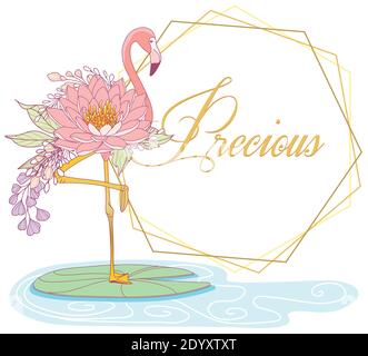 Flamingo mit Blumenkörper und goldenem Rahmen Stock Vektor