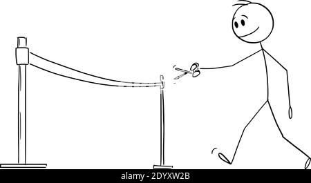 Vektor Cartoon Stick Figur Illustration von Politiker, Mann oder Geschäftsmann schneiden Band mit Schere während der Eröffnungsfeier Stock Vektor