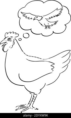 Vektor Cartoon konzeptionelle Illustration von Huhn oder Henne träumen oder denken über das Fliegen wie Adler. Stock Vektor