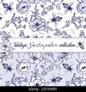 Elegantes Vintage Umriss Kräutermuster mit Blumen und Bienen Stock Vektor