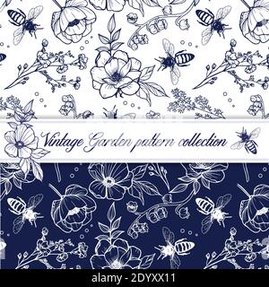 Elegantes Vintage Umriss Kräutermuster mit Blumen und Bienen Stock Vektor