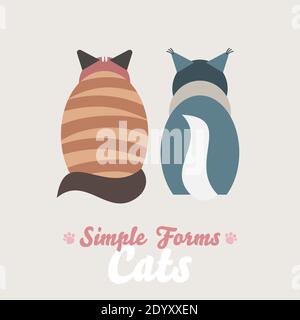 Flache Katzen sitzen zurück Ansicht isoliert Vektor. Cartoon Illustration inländische tabby rot und schwarz weiß Katzen Logo-Symbol. Stock Vektor