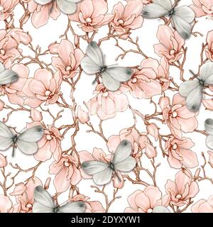 Romantische Vintage Magnolia und Schmetterlinge nahtlose Muster Stock Vektor