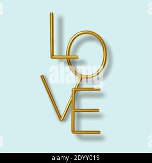 Glückwunschkarte zum Valentinstag. Realistischer 3d Gold metallischer Text auf blauem Hintergrund. Liebe und Hochzeit. Vorlage für Produkte, Webbanner und Stock Vektor
