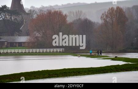 Alfriston Sussex UK 28. Dezember 2020 - Hundewanderer trotzen dem nassen Wetter, da Felder und Ackerland durch den Fluss Cuckmere in der Nähe von Alfriston in East Sussex überschwemmt werden, nachdem der kürzliche heftige Regen und Sturm Bella zu Störungen in ganz Großbritannien geführt hat. Mehr Schnee und Regen werden für Großbritannien in den nächsten Tagen prognostiziert : Credit Simon Dack / Alamy Live News Stockfoto