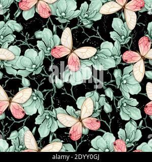 Romantische Vintage Magnolia und Schmetterlinge nahtlose Muster Stock Vektor