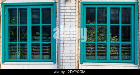 Two large turquoise windows on the veranda of a brick house. Stockfoto