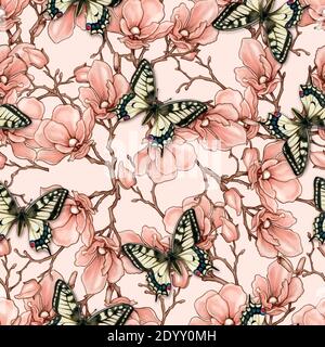 Romantische Vintage Magnolia und Schmetterlinge nahtlose Muster Stock Vektor