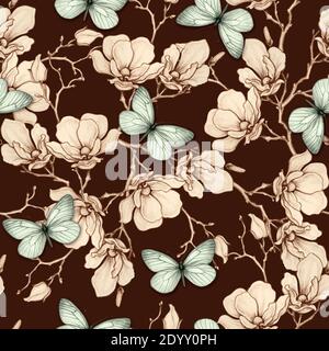 Romantische Vintage Magnolia und Schmetterlinge nahtlose Muster Stock Vektor