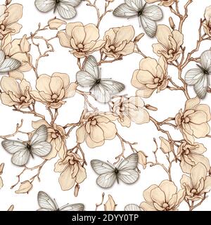 Romantische Vintage Magnolia und Schmetterlinge nahtlose Muster Stock Vektor