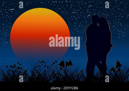 Liebevolles Paar und Sternenhimmel. Paar am Abend unter der orangefarbenen Sonne.Romantisch der Silhouette ein Paar in der Liebe. Valentinstag.Vektorgrafik Stock Vektor