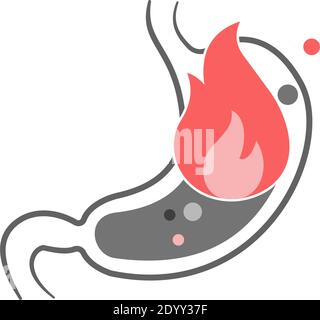 Magen Sodbrennen flach Symbol. Konzept von Gastritis und saurem Reflux, Verdauungsstörungen, Magenschmerzen Gesundheitszustand. Isoliert auf weißem Hintergrund. Stock Vektor