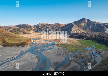 Luftaufnahme des Camps Landmannalaugar, Island Stockfoto