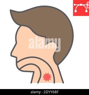 Halsschmerzen Farbe Linie Symbol, Schmerz und covid-19, Krankheit Zeichen Vektorgrafik, editierbare Kontur gefüllt Kontur Symbol, eps 10. Stock Vektor