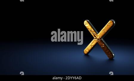 3d-Rendering-Symbol für Abbrechen Kreuz in Gold thermische eingewickelt Folienplatte auf dunkelblauem Hintergrund Stockfoto