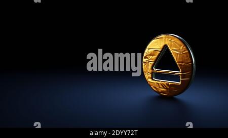 3d-Rendering-Symbol des Auswurfsymbols im Kreis eingewickelt Goldene Thermofolienplatte auf dunkelblauem Hintergrund Stockfoto