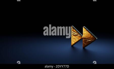 3d-Rendering-Symbol des schnellen Vorwärts-Symbol in Gold eingewickelt Thermofolienplatte auf dunkelblauem Hintergrund Stockfoto