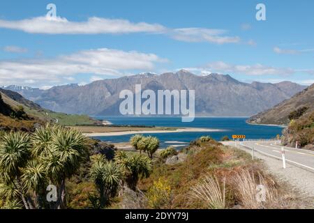Blick über den Haweasee und die südlichen Alpen in New Seeland Stockfoto