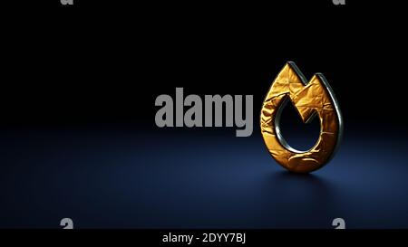 3d-Rendering Symbol der Flamme in Gold Thermofolie eingewickelt Platte auf dunkelblauem Hintergrund Stockfoto