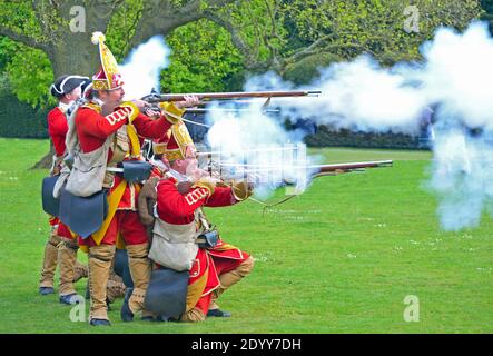 Die Rotkittel des Pulteneys Regiments feuern ihre Musketen. Stockfoto