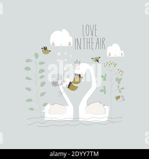 Cute Cartoon paar Schwäne schwimmen auf dem See Stock Vektor