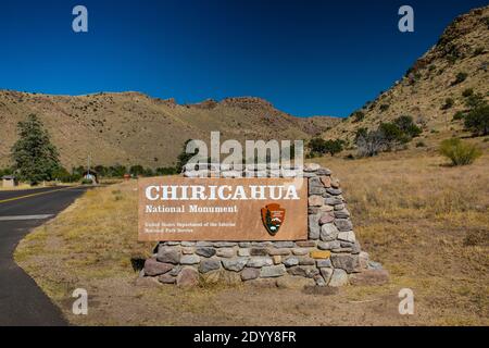 Eintrittsschild zum Chiricahua National Monument, Arizona, USA Stockfoto