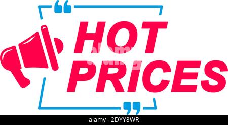 Hot Prices-Etiketten. Sprechblasen mit Megaphon-Symbol. Werbe- und Marketing-Aufkleber. Stock Vektor