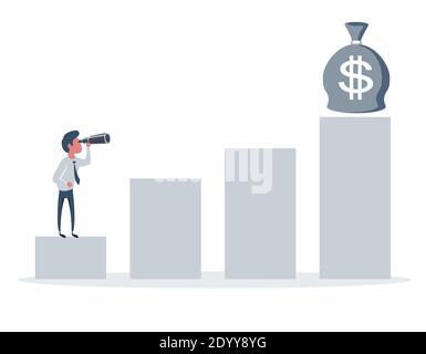 Ein Mann, der ein Teleskop hält und ein Geld sieht. Verbesserungskonzept. Stock Vektor