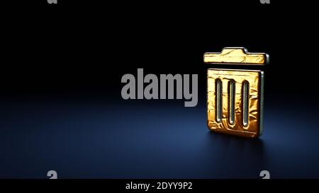3d-Rendering-Symbol für Papierkorb mit Streifen eingewickelt Goldene Thermofolienplatte auf dunkelblauem Hintergrund Stockfoto