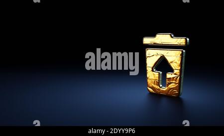 3d-Rendering-Symbol für Papierkorb mit Pfeil nach oben innen Eingewickelt in Gold-Thermofolienplatte auf dunkelblauem Hintergrund Stockfoto