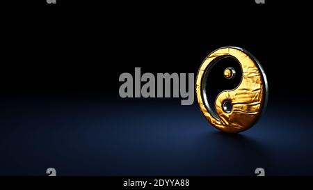 3d-Rendering Symbol von Yin Yang in Gold thermische eingewickelt Folienplatte auf dunkelblauem Hintergrund Stockfoto