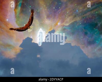 Figur im weißen Mantel im Universum. 3D-Rendering Stockfoto