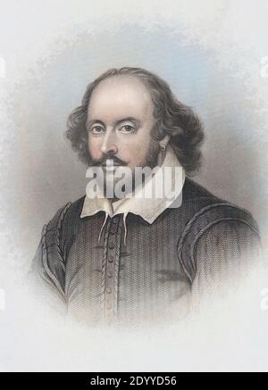 William Shakespeare 1564 - 1616. Englischer Dramatiker und Dichter. Nach einem 19. Stich von John Chester Buttre aus dem 18. Jahrhundert Stich von Houbraken, der wiederum auf dem Chandos-Porträt des 16. Jahrhunderts basiert. Spätere Farbgebung. Stockfoto