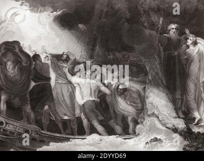 Illustration für William Shakespeares Stück The Tempest, Akt I, Szene I. aus einem Stich aus dem 18. Jahrhundert von Benjamin Smith nach einem Werk von George Romney. Stockfoto