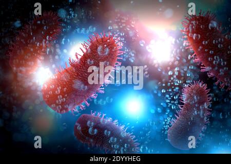 Rosa Tollwut virusmikroskopische Zellen mit pinkfarbenem Hintergrund 3D-Abbildung Stockfoto