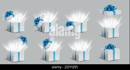 Kollektion Geschenk weiße Box in einem blauen Band und Schleife auf der Oberseite. Geöffnet und geschlossen Holiday Box mit funkelt innen und hellen Lichtstrahlen. Feier Dekoration Objekte. Vektorgrafik. Stock Vektor