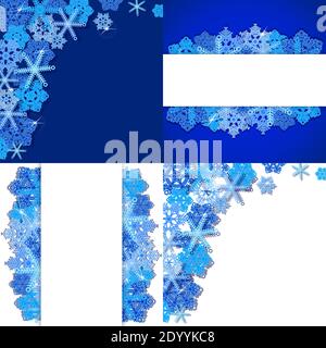 Set von festlichen Winterhintergründen aus realistischen Schneeflocken mit Platz für Text. Volumetrische Schneeflocken Winter Dekoration Symbol auf blau und weiß Stock Vektor
