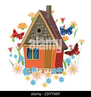 Steinhaus. Fabelhafte Cartoon-Objekt. Niedlicher Kinderstil. Uralte Wohnung. Winzig, klein. Vor dem Hintergrund von Blumen und Schmetterlingen. Isoliert Stockfoto