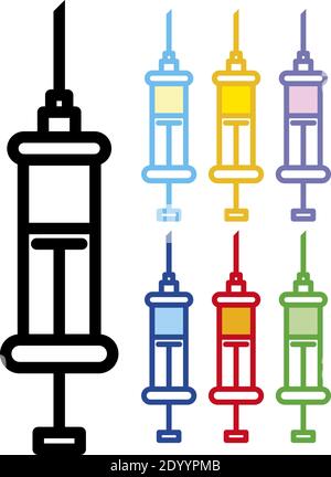 Symbol für medizinische Spritze, stilisierte Illustration in verschiedenen Farben, Vektor-Design Stock Vektor