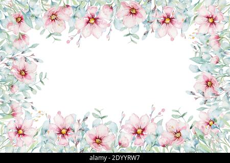 Kranz von Blossom Pink Cherry Blumen in Aquarell Stil mit weißen Hintergrund. Der Sommer blühende sakura Zweig Deko Stockfoto